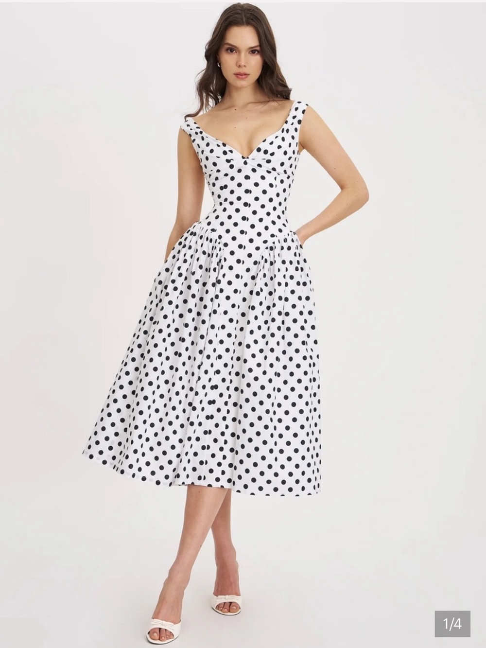 Miss Circle Rahma Polka Dot Sweetheart Midi Dress in White & Black
